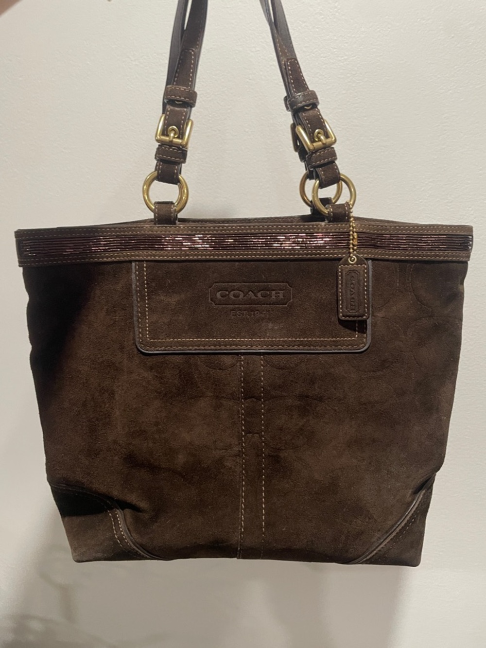 Coach Dark Brown Suede Tote with Leather Trim and Gold Hardware